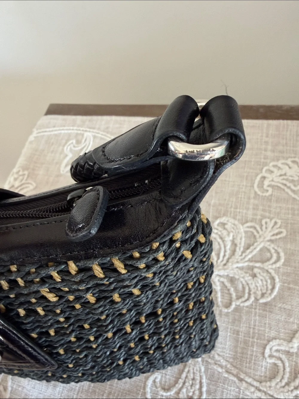 Brighton Black Woven Shoulder Bag with Brown Flap and Silver Heart Accent